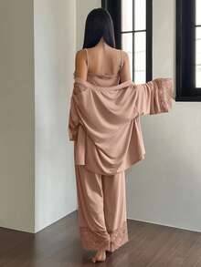 DAZY 3pcs Lace Patchwork Robe, Camisole & Pants Women Sleepwear Set - Coral Pink - View 2