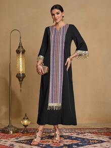 Al Najma Women's New Style Embroidery Pattern Print Gold Sequin Lace Applique Ribbon Decor 3/4 Sleeve V-Neck Tassel Cutout Tunic Top, Black, Spring/Summer - Black - View 5