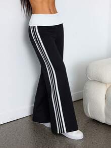 SHEIN PETITE 女士夏季节日文艺复兴集市街头复古Y2K Grunge印花弹力翻边裤黑色直筒裤 - 黑色 - 查看 8