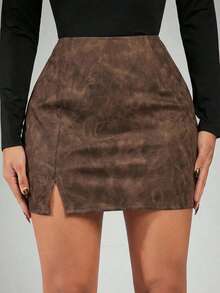 Radiana Women's Vintage Style Split Hem Skirt, Summer - Coffee Brown - View 3