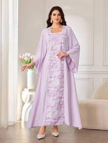 Al Najma Rochie Abaya maxi elegantă pentru femei, cu broderie florală, decolteu în V, mânecă lungă, culoare lavandă - Violet - Vizualizare 6