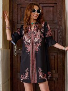 Solivie 女士中袖印花情人节春夏连衣裙，情人节套装 - 黑色 - 查看 4