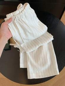 Airaco Women's Casual Striped Print Drawstring Waist Loose Wide Leg Pants, Suitable For Commuting And Vacation - White - View 1