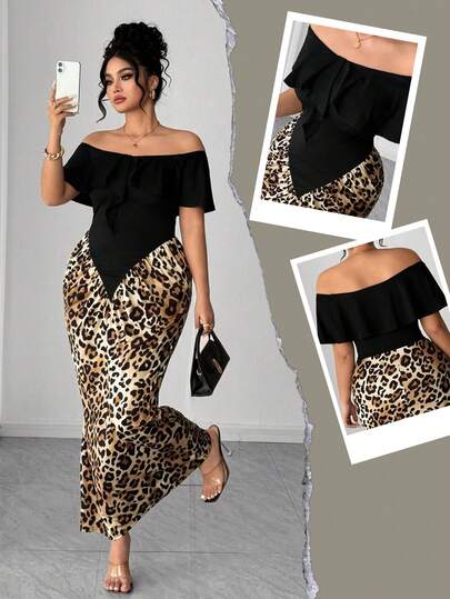 Elenzga Plusstorlek Elegant Vintage Fransk Stil Off Shoulder Volangklänning i Midja med Leopardmönster, Avslappnad & Modern För Alla Hjärtans Dag