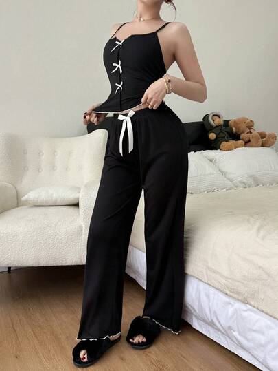 SHEIN Bow Decor Black Comfortable Ribbed Fabric Pajama Set, Cute Sleepwear/Loungewear Set, Spring/Summer