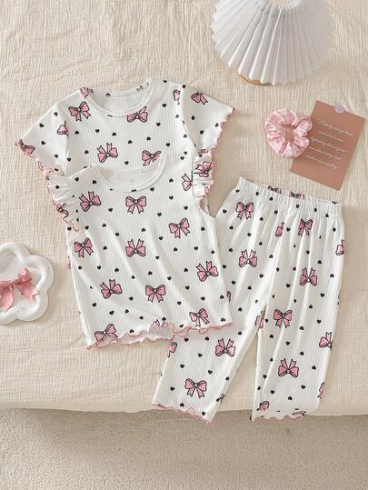 3pcs Toddler Boys' Casual Slogan Print Short Sleeve T-Shirt And Pants Comfortable Pajama Set