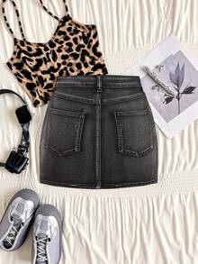 Attitoon Y2K Grunge Concert Cowboy Denim Cargo Skirt - Black - View 2