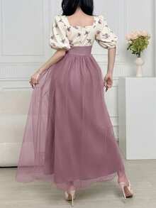 Feyla 女士印花泡泡袖网纱下摆系带腰身优雅连衣裙 - 粉色 - 查看 2