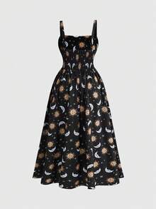 ROMWE Hippie Spring And Summer Fairycore Vintage Forest Style Sun, Moon & Star Print Plus Size Black Dress, Women Long Dress - Black - View 2