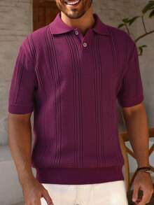 Manfinity Mode Áo thun nam cổ polo tay ngắn màu trơn, kiểu dáng thường ngày, thích hợp đi làm. - Màu Đỏ Sâu - Xem 4