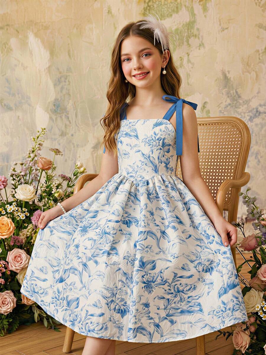 1-Piece Tween Girls Glamorous Vacation Jacquard Knot-Shoulder Cinched-Waist Lightweight Non-Fleece Summer Dress - Blue and White - View 1