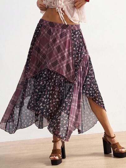Bohemela BOHO Bohemian Casual Vacation Knit Mesh Plaid Print Patchwork Loose Asymmetric Hem Women Skirt