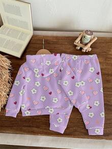 SHEIN 2 件套可爱卡通蓝兔露露、针迹图案和复古紫心花卉图案宽松休闲连帽衫套装，适合户外野餐、休闲装、街头风格、家居、学校、年轻女孩、秋冬 - 彩色 - 查看 3