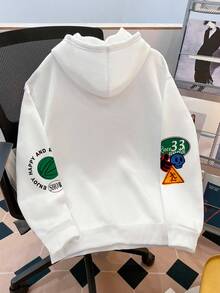 Manfinity Joysei 男士休闲标语印花连帽衫，秋冬款 - 白色 - 查看 2