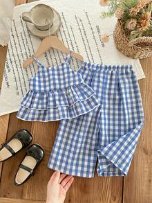 SHEIN Babygirl Summer Cute Vacation Casual Blue & White Plaid Ruffle Trim Camisole & Elastic Waist Pants Set - Blue - View 1