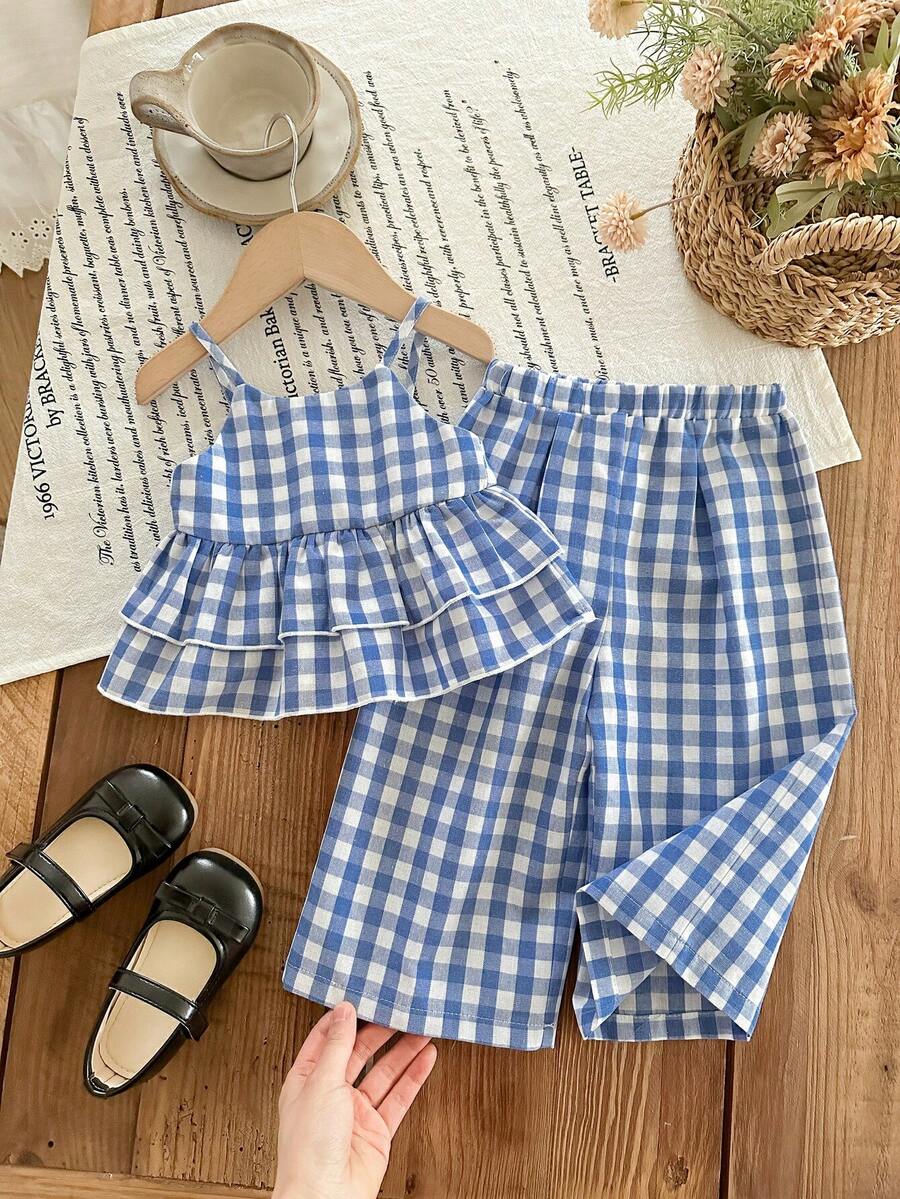 SHEIN Babygirl Summer Cute Vacation Casual Blue & White Plaid Ruffle Trim Camisole & Elastic Waist Pants Set - Blue - View 1