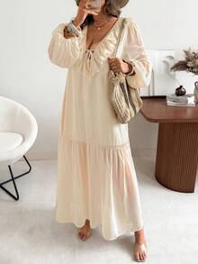 Vionelle Women's Loose Chiffon Plus Size Long Dress With Ruffle Hem And V Neck Extra Long Bishop Sleeve Bohemian Style - Apricot - View 5