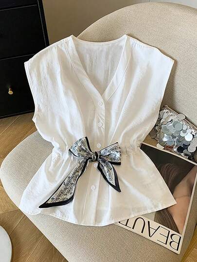 Franclia 春夏法式风情宽松白色无袖亚麻女式衬衫，V领设计，金色纽扣，收腰剪裁，饰以佩斯利花纹丝巾。这款百搭无袖衬衫适合工作和休闲场合穿着。复古风情，宽松版型，抽绳设计，修身显瘦，尽显身材曲线。这款高品质衬衫饰有纹理丝巾细节，是日常出行和度假的理想之选。甜美精致的设计，这款独特的无袖衬衫完美契合工作和休闲场合。