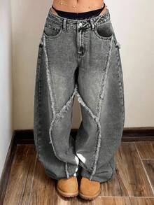 SHEIN ICON Plus Size Women Vintage Washed Denim Jeans, Autumn/Winter - Light Grey - View 8