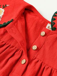 Cozy Pixies Baby Girl Floral Embroidery Pattern Navy Collar Half-Open Front Sleeveless Dress - Red - View 4