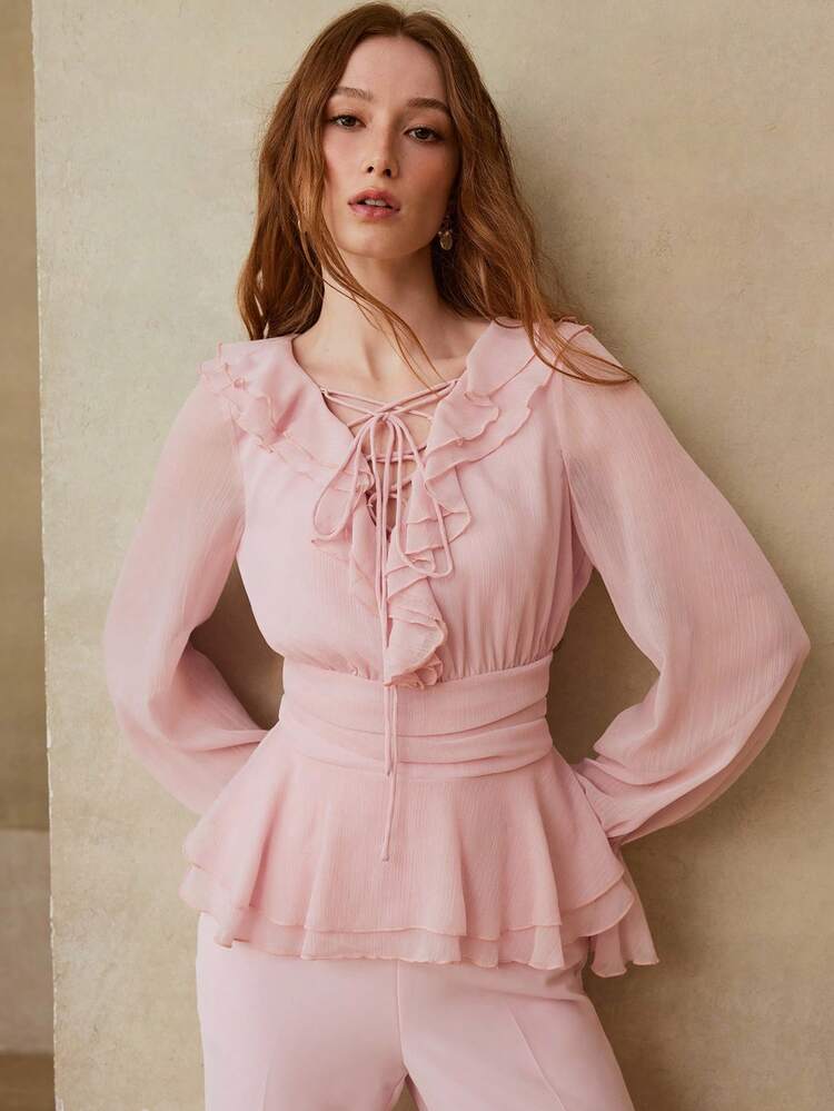 WOMEN'S ROMANTIC ELEGANT RUFFLE TRIM PINK LONG SLEEVE BLOUSE, SPRING/SUMMER