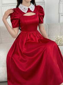 SHEIN 少女红色缎面短袖镂空设计白色领腰修身A字优雅正式连衣裙 - 紅白色 - 查看 1
