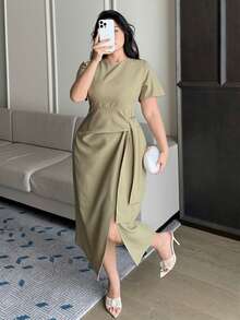 Dazy Plus Plus Size Women Elegant Tie-Waist Long Solid Color Round Neck Short Sleeve Casual Dress, Spring/Summer Sundress - Olive Green - View 5