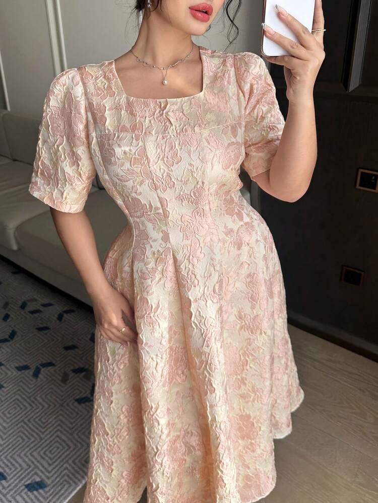 Dazy Plus Plus Size Women Floral Print Square Neck Short Sleeve Waist Cinched Maxi Party Dress, Pink, Spring/Summer Sundress