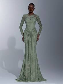 Elitara 优雅灰绿色浪漫弹力3D蕾丝圆领宽肩垫肩薄纱长袖收腰褶皱鱼尾露背连衣裙，适合约会、度假、婚礼、单身派对、商务晚宴及所有正式场合。 - 綠色 - 查看 8