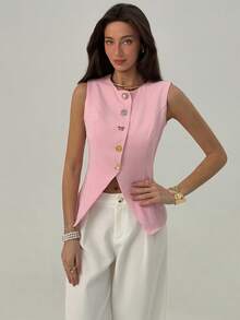 Aloruh 女士金属单排扣休闲薄款马甲外套 - 粉色 - 查看 6