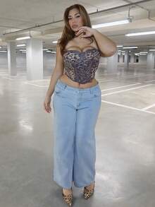 MelDlgn 大码女式豹纹蕾丝拼布吊带背心 - 棕色 - 查看 2