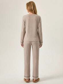 Loomlin 2pcs Cotton Contrast Piping With Eye Embroidery Detail Homwear Set - Beige - View 2