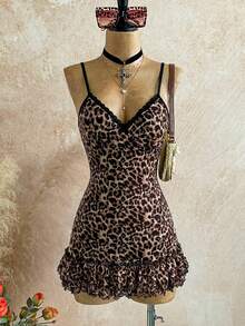 Attitoon 休闲复古朋克 Y2K 百搭派对、音乐节、哥特风、西部风豹纹网纱蕾丝拼接蝴蝶结荷叶边迷你连衣裙，适合夏季外出穿着。 - 彩色 - 查看 3