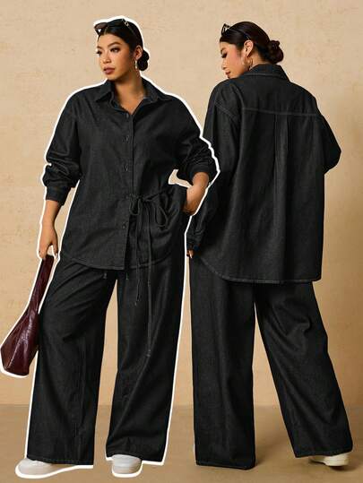 SHEIN Tall CURVE Bộ đồ đôi nữ cỡ lớn gồm áo sơ mi dài tay cài một hàng khuy có thắt lưng và quần jeans ống rộng, thích hợp cho mùa đông, Giáng sinh, Năm mới, Lễ Tạ ơn, đi làm, nghỉ lễ, tốt nghiệp, phong cách Y2K, dễ thương, thời trang đường phố, dự tiệc, đám cưới, thanh lịch, công sở, thoải mái. Bộ đồ đôi denim thoải mái cho nữ, áo dài tay có dây rút ở eo và quần jeans ống rộng, thích hợp cho các dịp lễ hội, tụ họp, mặc hàng ngày.