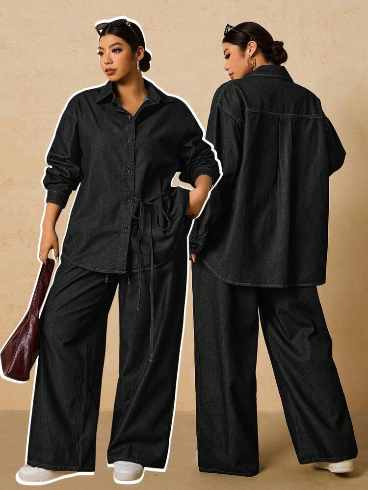 SHEIN Tall CURVE 大码女式长袖单排扣系带衬衫搭配阔腿牛仔裤休闲两件套，适合冬季、圣诞节、新年、感恩节、通勤、度假、毕业典礼等场合，兼具时尚感和Y2K风格，可爱街头风，适合派对、婚礼、商务休闲等各种场合。舒适的牛仔两件套，休闲长袖上衣搭配抽绳腰带阔腿牛仔裤，适合节日聚会等日常穿着。 - 黑色 - 查看 8