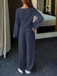DAZY 2pcs Women Minimalist Fleece Knit Cardigan & Pants Pajama Set, Winter - Navy Blue - View 2