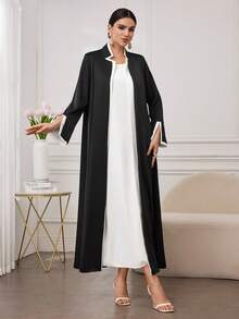 SHEIN Najma Áo choàng Abaya nữ đơn giản màu đen trắng, dáng rộng, thoải mái. - Đen và trắng - Xem 6