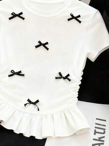 SHEIN Franclia 3D Bowknot Accent Round Neck Short Sleeve T-Shirt - White - View 3