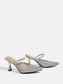 CUCCOO TILAWA 女士网面镶钻尖头细高跟凉鞋，优雅时尚夏季正式场合鞋履，性感细高跟设计，透气高跟，露后跟，适合夜间外出、派对等场合。 - 銀色 - 查看 3