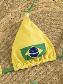 Bonvoyette Spring/Summer Vacation Sexy Fashion Brazilian Placement Letter Drawstring Tie 3 PiecesBikini Set - Multicolor - View 5