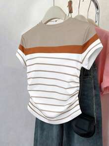 Resyla 女士户外/办公休闲条纹印花短袖修身褶皱腰部T恤，大码，适合返校季、教师节等场合 - 彩色 - 查看 2