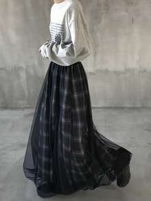 FRIFUL 女士春夏格子拼接薄纱A字宽松休闲百搭半身裙 - 黑色 - 查看 2