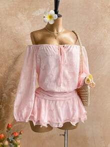 Soleia Đầm mini dáng chữ A tay phồng, hở vai, lưng trần, in hoa màu hồng lãng mạn dành cho nữ, chất liệu chiffon, thích hợp cho kỳ nghỉ, tiệc tùng, hẹn hò, ngày Valentine, tiệc trà chiều. - Màu Hồng baby - Xem 1