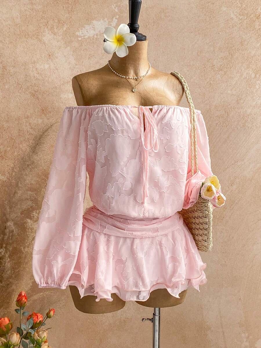 Soleia Đầm mini dáng chữ A tay phồng, hở vai, lưng trần, in hoa màu hồng lãng mạn dành cho nữ, chất liệu chiffon, thích hợp cho kỳ nghỉ, tiệc tùng, hẹn hò, ngày Valentine, tiệc trà chiều. - Màu Hồng baby - Xem 1