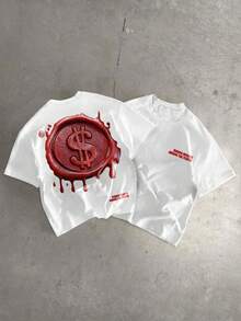 Manfinity EMRG 男士休闲日常通勤时尚街头美元邮票字母印花短袖白色T恤，夏季 - 白色 - 查看 1