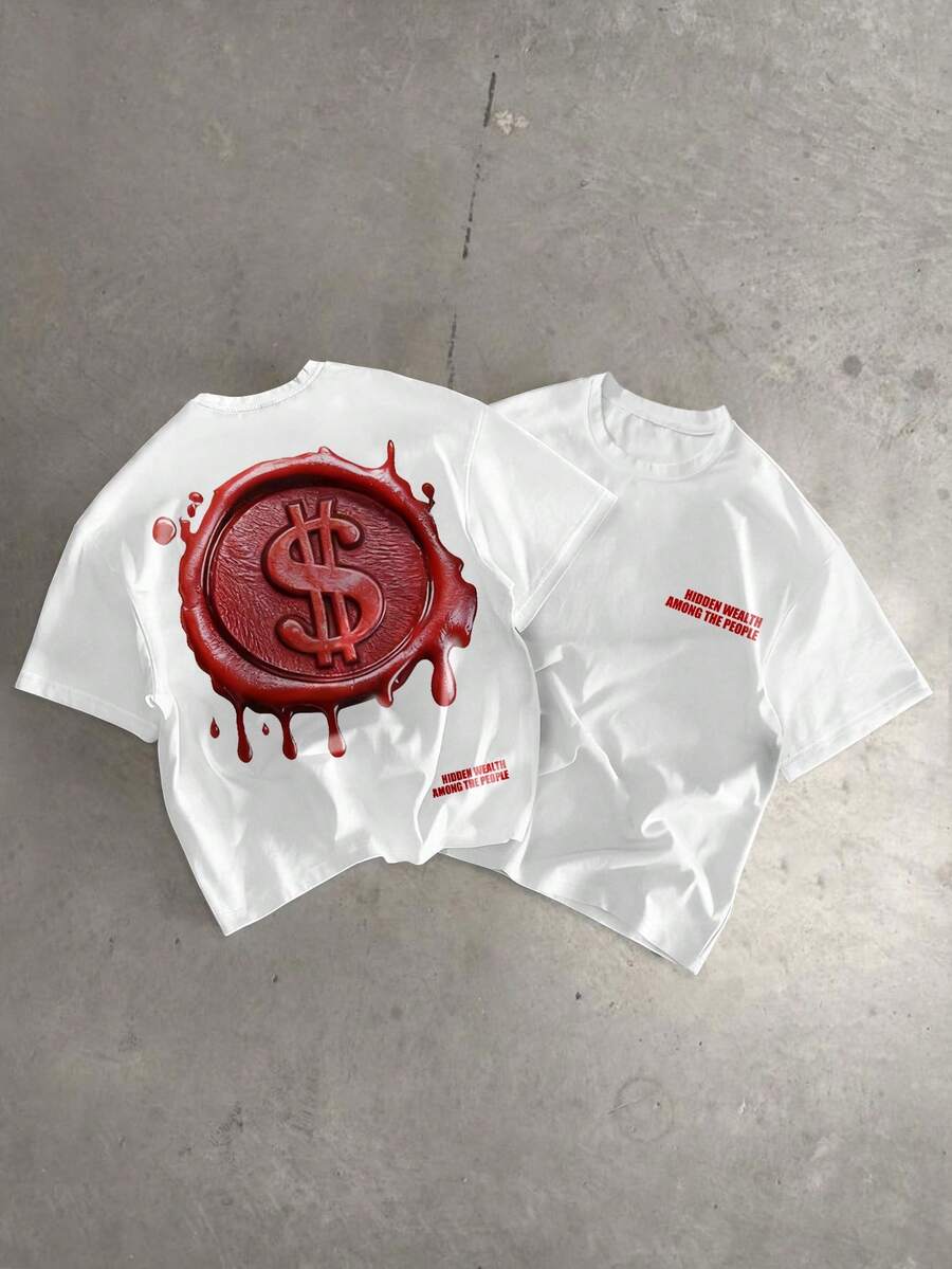 Manfinity EMRG 男士休闲日常通勤时尚街头美元邮票字母印花短袖白色T恤，夏季 - 白色 - 查看 1