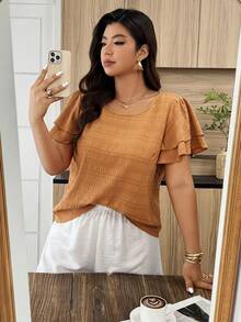 Weeklong Áo kiểu tay ngắn, viền bèo nhún. - màu nâu - Xem 3