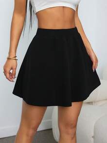 SHEIN PETITE High Waist Textured Flare Skirt Winter Black Elegant - Black - View 3