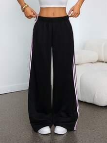 SHEIN PETITE 黑色针织阔腿裤，女士休闲运动裤，侧边饰有粉色条纹 - 黑色 - 查看 6