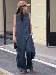 Dazy Kids Tween Girls' Round Neck Single-Breasted Multi-Pocket Casual Wide Leg Denim Jumpsuit - Dark Wash - View 5